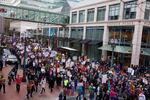 Marchers turn a corner in Downtown Portland.