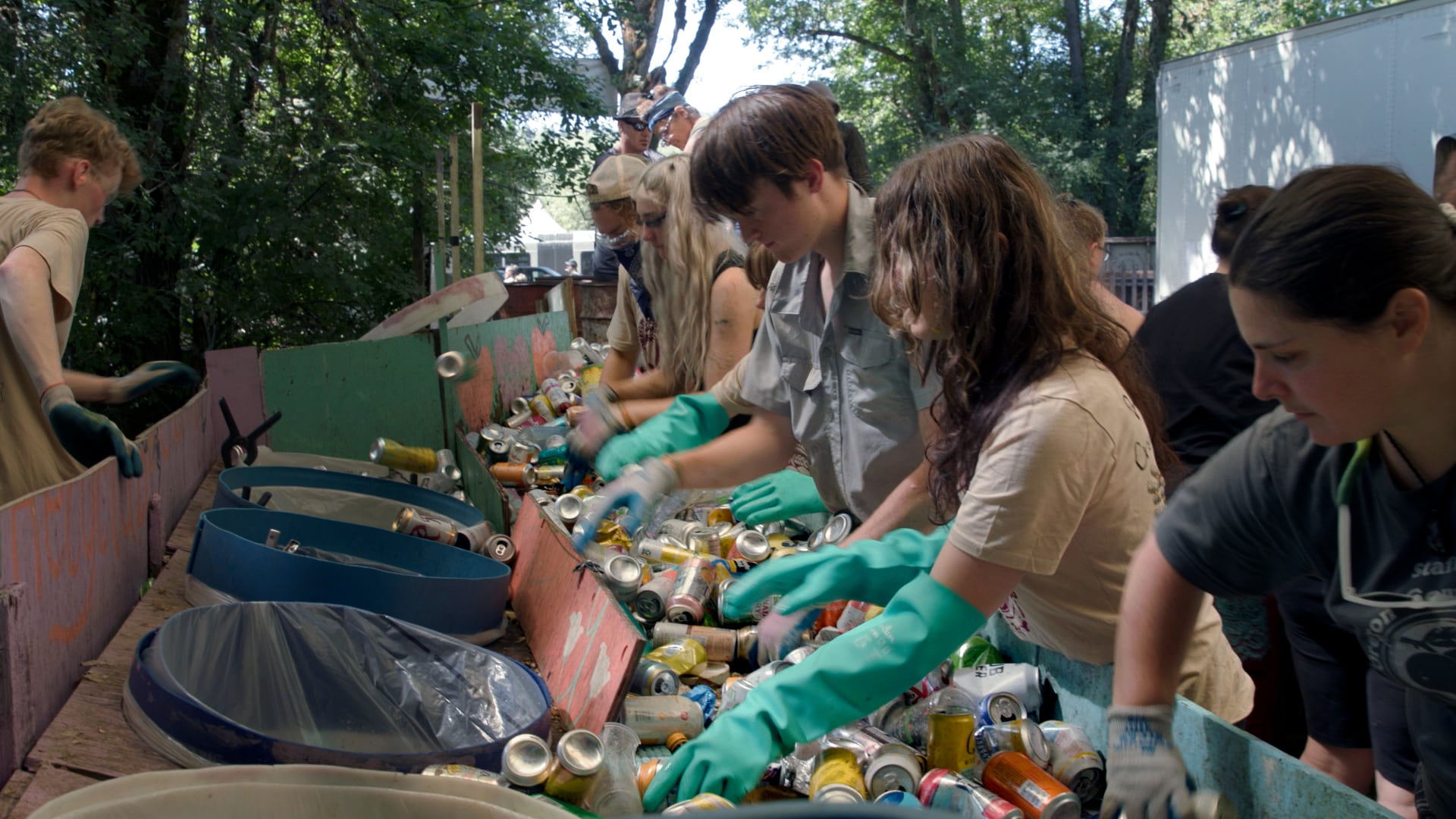 Volunteers from the recycling crew hand sort refundable cans into bags each morning of the fair’s three-day run in July 2024. That year, the crew collected 185,000 containers for redemption.