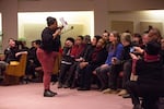 Northeast Portland resident Debra Wilson speaks during a community listening session at Maranatha Church in Portland, Ore., Thursday, Feb. 21, 2019. City leaders called the meeting to hear community concerns over a police lieutenant's text messages with Patriot Prayer leader Joey Gibson.