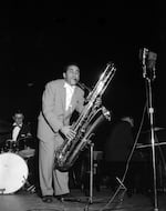 Charlie Ventura brings out the bass sax for a concert in Portland, Ore., circa 1954.