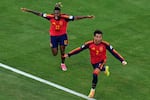 Spain's Ferran Torres (7) celebrates after scoring the opening goal of his team during the World Cup final soccer match between Spain and Argentina in East Rutherford, N.J., near New York, Sunday, July 19, 2026.