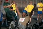 John Wade from Cleveland, Ohio, has a boost of confidence right before the start signal in the National Veterans Wheelchair Games at the Portland International Raceway on July 5, 2023. Full story here.