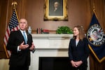 Sen. Thom Tillis, R-N.C., meets with Judge Amy Coney Barrett, President Donald Trump's nominee to the Supreme Court at the U.S. Capitol Wednesday, Sept. 30, 2020, in Washington. 