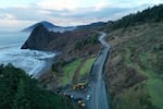An aerial view of the Arizona Slide, a landslide along U.S. Highway 101 near Port Orford and Gold Beach.