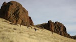 Giant red rock formations protrude from grassy, rolling hills. Although the Owyhee is known for its canyons, the majority of the land mass in the area is high desert sagebrush country. 