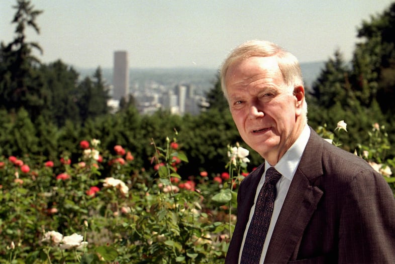 Former Oregon Sen. Bob Packwood, who resigned in disgrace in l995, stands in the Portland Rose Garden, Monday, Aug. 3, 1998, overlooking Portland, Ore. where he talked about his political career. Packwood has launched a very successful lobbying business and is on a pace to nearly triple his lobbying income from last year.
