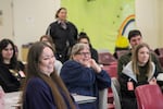 PSU capstone students and incarcerated women at Coffee Creek Correctional Facility listen to final presentations in March. The meeting was the last in-person class for the students. As spring semester comes to a close, work is done via printed out packets.