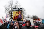 Demonstrators march through the rain at Women's March Portland on Saturday, Jan. 21, 2017.