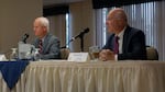 State Labor Commissioner Brad Avakian (right) and former Oregon Representative Dennis Richardson (R-Central Point) appear at the North Clackamas Chamber of Commerce candidates' forum in their race for Oregon Secretary of State on Sept. 29, 2016.