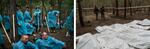 Left: Ukrainian investigators gather while they exhume bodies from a mass grave site in Izium in September. Right: Soldiers stand over the exhumed bodies that are lined up in rows in body bags.