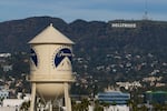 FILE - The Paramount Pictures water tower is seen in Los Angeles, Dec. 18, 2025, with the Hollywood sign in the distance.