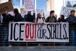 FILE - Hundreds of Seattle students from various schools gather for an "ICE Out of Seattle Schools" rally on Feb. 5, 2026, at Seattle City Hall.