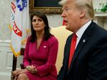 In this file image, President Donald Trump speaks during a meeting with outgoing U.S. Ambassador to the United Nations Nikki Haley in the Oval Office of the White House, Oct. 9, 2018, in Washington