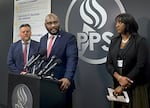 (Left to right) Portland Public Schools Superintendent Guadalupe Guerrero, Renard Adams, a member of the Portland Public Schools’ bargaining team and chief of research, assessment and accountability, and Deputy Superintendent of Instruction and School Communities Cheryl Proctor, during a press conference held at the PPS district office in Portland, Ore., Nov. 6, 2023.