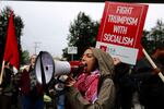 People protest U.S. Attorney General Jeff Sessions' visit to Portland on Sept. 19, 2017.