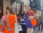 Portland Mayor Ted Wheeler prepares for the downtown clean-up event Thursday, Sept. 3, 2020, in Portland, Ore.