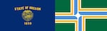 A comparison of the State of Oregon flag with the City of Portland's. The state's flag is criticized for its poor design, while Portland's is celebrated. 
