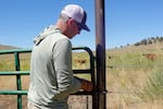 Jim Bob Collins opens a gate leading to a pasture at his ranch near Mitchell, Ore., Aug. 8, 2025.