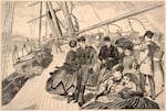 This image called "Homeward Bound" comes from an 1867 issue of Harper's Weekly. It illustrates steamship passengers from the era of the Brother Jonathan shipwreck.