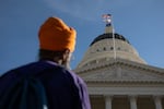 Members of the Sikh community pray at the closing event at the California State Capital where the 300 mile march concluding starting from Bakersfield. Sacramento, California. November 1, 2024. The Jakara Movement’s powerful "Nirbhau & Niyaa Morcha" (Fearless for Justice March), a 24-day, 350-mile on foot march from Bakersfield to Sacramento commemorates 40 years since the 1984 Sikh Genocide.