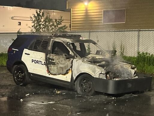 A provided photo of a damaged vehicle. At least 15 Portland police vehicles were burned early Thursday, May 2, 2024, at the police bureau's northeast Portland training center, near the airport. Officials suspect arson.