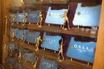 Oregon School Activities Association plaques on display at Sunset High School in the Beaverton School District.