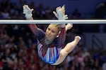 Jade Carey competes on the uneven bars at the United States Gymnastics Olympic Trials on June 30, 2024, in Minneapolis. Carey, of Oregon State, is set to make her second trip to the Olympic Games.