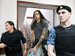 WNBA star and Olympic medalist Brittney Griner arrives at a hearing at the Khimki Court, outside Moscow on June 27.