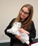 Olympic Area Agency on Aging Executive Director Laura Cepoi holds an animatronic kitten made by Ageless Innovation