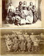 These two images of Forest Grove Indian School students from the early 1880s are an example of propaganda "before and after" images schools often produced. One of the students in the earlier photograph had died by the time the second image was taken seven months later.