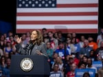 Vice President Kamala Harris speaks during a campaign rally at the Alliant Energy Center on Sept. 20, in Madison, Wisc. Harris spoke to a capacity crowd of 10,500 during the event.