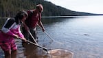 Stewart Reid and his daughter search for a lamprey out in Miller Lake, where they have yet to determine if their relocation efforts have been successful.