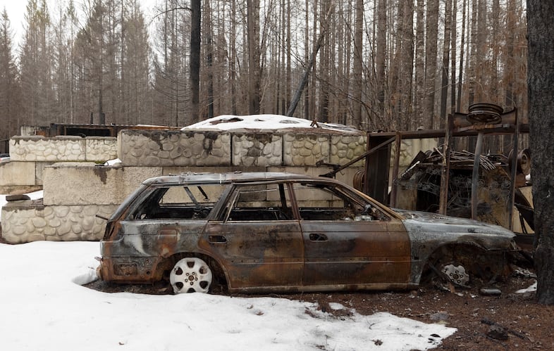 A burned out car near Breitenbush Hot Springs, March 5, 2021. The area was destroyed by the Beachie Creek and Lionshead fires in 2020.