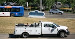 The Hollywood Transit Center in Southeast Portland with a TriMet vehicle circling around on June 29, 2023.