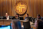 FILE: Portland City Councilors Elana Pirtle-Guiney of District 2, Council Vice President Tiffany Koyama Lane of District 3, Angelita Morillo of District 3 and Steve Novick of District 3 sit in a meeting on Nov. 12, 2025.