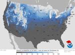 This map based on U.S. Climate Normals from NOAA National Centers for Environmental Information shows the historical probability of at least 1 inch of snow on the ground on Dec. 25. The agency says actual weather conditions on Christmas Day will vary each year.