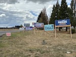 Election signs on the side of a highway entering the city of Battle Ground, Wash