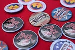 Pins are pictured at a counter during a cultural meeting at the Comanche Nation fairgrounds in Lawton, Okla., in September 2023.