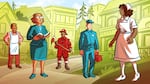 Illustration of a nurse, a repair person, a firefighter, a teacher and a shopkeeper with a medium density neighborhood in the background.