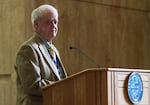 Senate President Peter Courtney speaks to the public in the rotunda of the capitol building in Salem on Thursday, May 14, 2015.