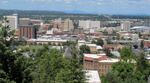 An aerial view of the downtown skyline from the South Hill in Spokane, Washington.