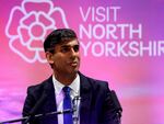 Britain's Prime Minister and Conservative Party leader Rishi Sunak delivers a speech after retaining his seat as MP for Richmond and Northallerton in Northallerton, north of England, early Friday.