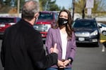 U.S. Rep. Jaime Herrera Beutler, R-Battle Ground, right, talks with County Public Health Officer Dr. Alan Melnick during an April 5, 2021, visit to Clark County. The visit was one of her first public appearances since voting to impeach former President Donald Trump.