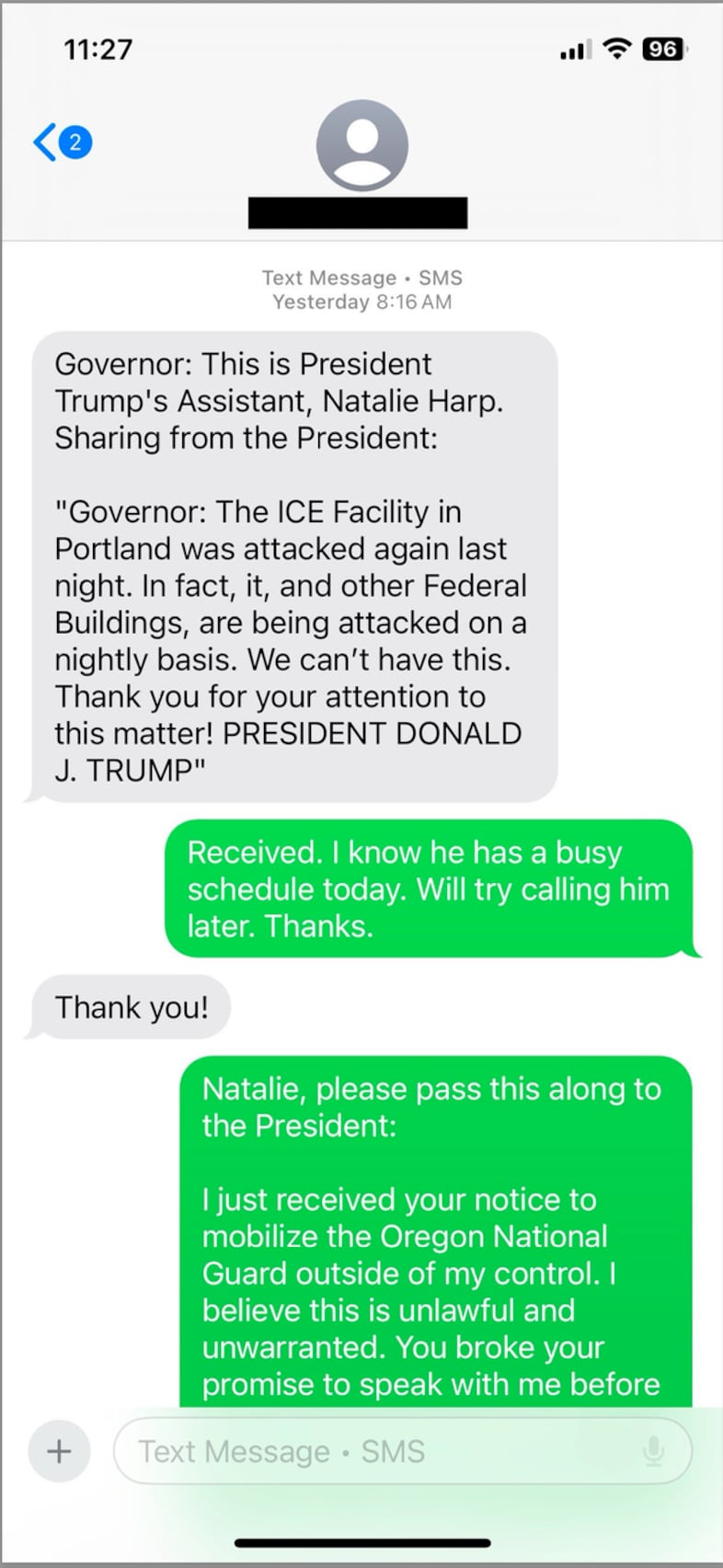 A screenshot of text messages between President Donald Trump, his top staff and Oregon Gov. Tina Kotek detailing the justification for mobilizing National Guard troops.