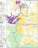 Two maps showing the habitat range of the threatened species named in the lawsuit. In the top map, the purple outlines the marbled murrelet's range, and in the lower map, the coastal marten's range is outlined in red.