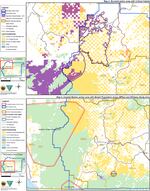 Two maps showing the habitat range of the threatened species named in the lawsuit. In the top map, the purple outlines the marbled murrelet's range, and in the lower map, the coastal marten's range is outlined in red.