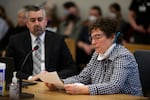 Leslie, no last name given, mother to a person paralyzed in the mass shooting at Normandale Park on Feb. 19, 2022, reads a victim statement during a sentencing hearing in Multnomah County Circuit Court on Tuesday, April 18, 2023.  Benjamin J. Smith, 44, was convicted of second-degree murder and other charges and sentenced to life in prison.