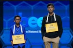 As the top two finalists, Ishaan Gupta (L) and Shrey Parikh (R) each had 90 seconds to spell as many words correctly as possible.