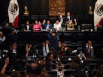 Senators hold a session in alternate headquarters due to protesters blocking access to their regular chambers, in Mexico City, on Sept. 5. The protesters were opposing major judicial reforms.