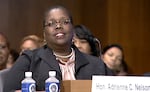 In this screenshot from a video feed, Hon. Adrienne C. Nelson testifies during a nomination hearing before the United States Senate Committee on the Judiciary in Washington, D.C., Oct. 12, 2022. Nelson is currently an associate justice on the Oregon Supreme Court and is nominated to be an United States District Judge for the District of Oregon.
